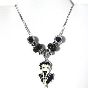 Betty Boop Black Sparkle Necklace With European Beads & Charms, NEW